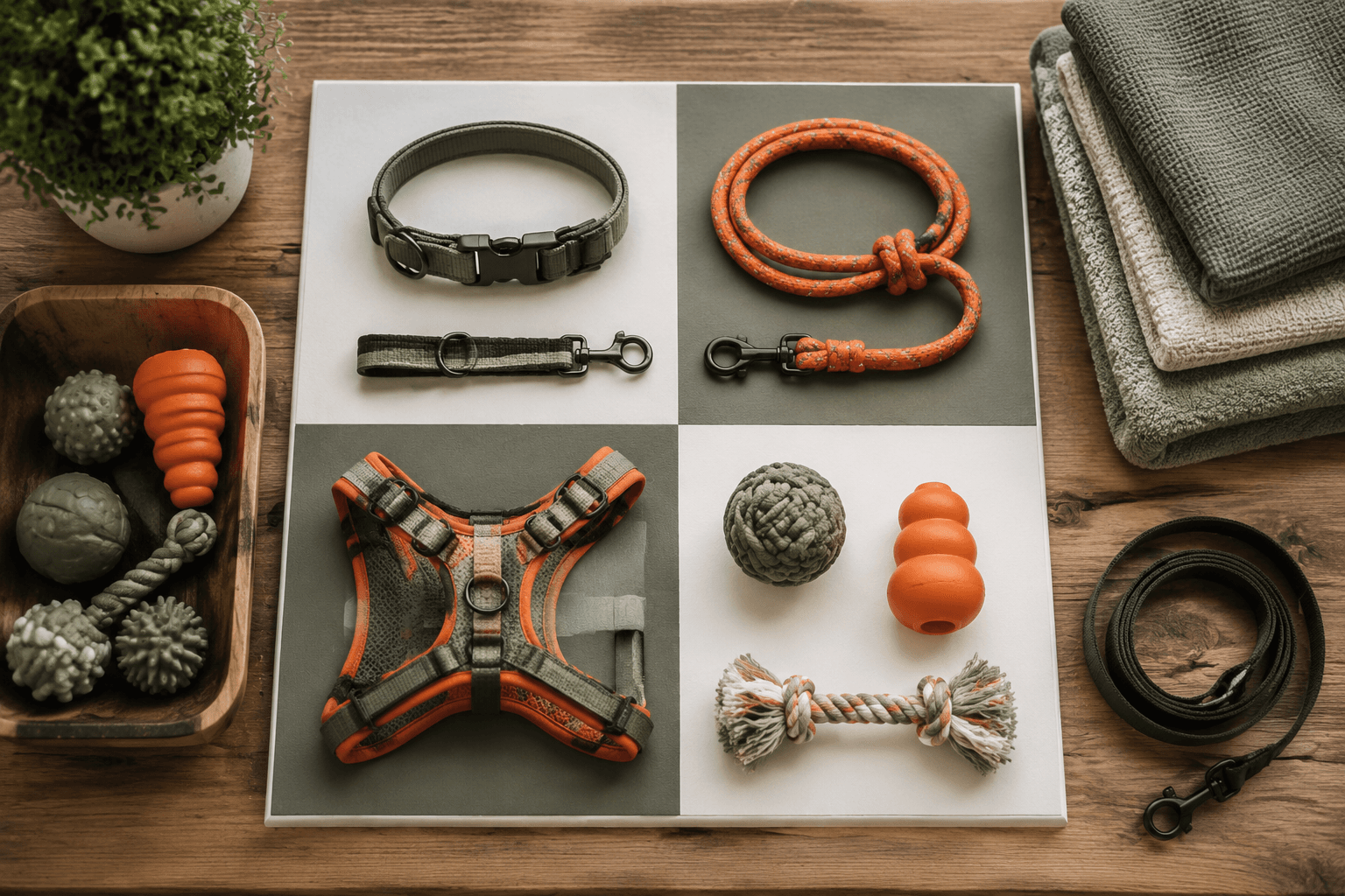 A tidy desk with a dog accessory planning board split into four zones