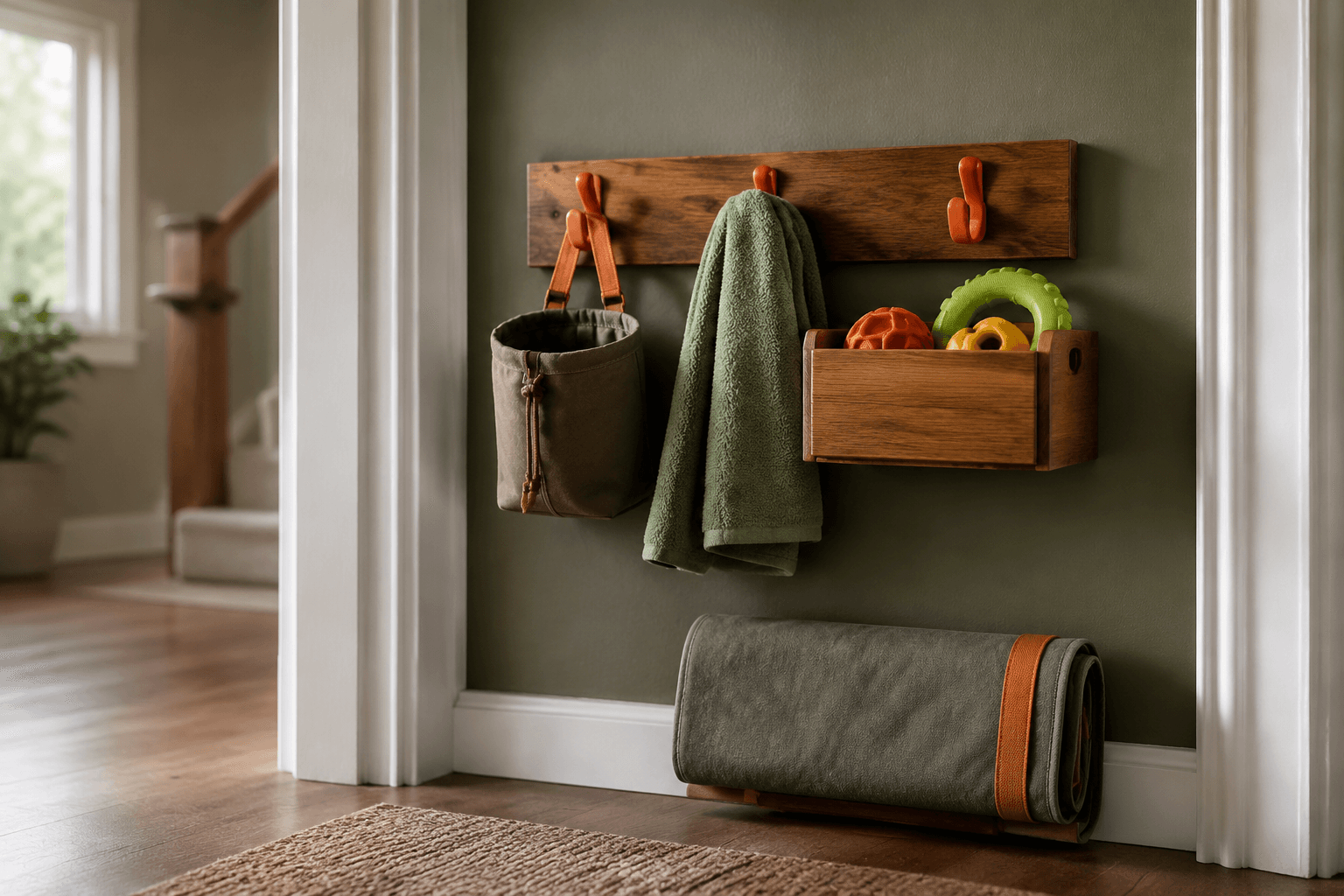 Entryway dog gear wall with a canvas lead pouch, folded towel, wooden toy bin and a rolled mat