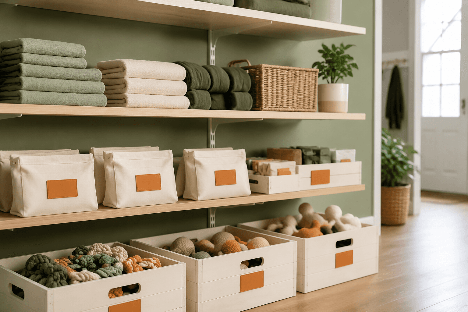 A calm workshop with shelves of folded dog towels, canvas pouches and wooden toy bins