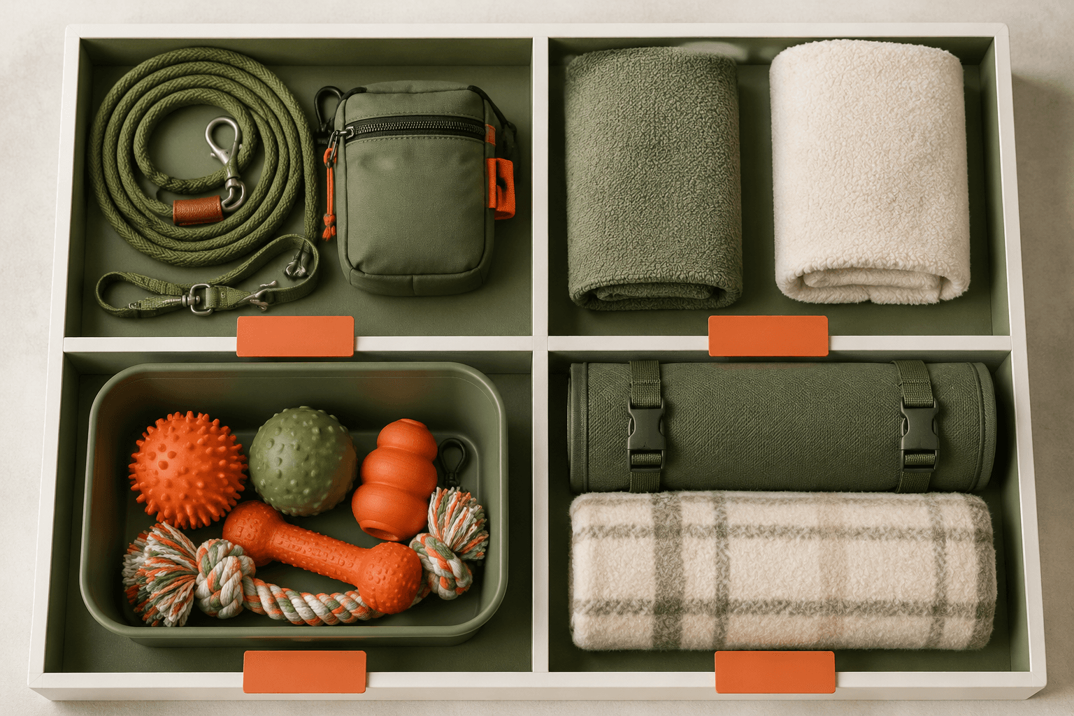 Overhead preview of a dog accessory board split into four zones